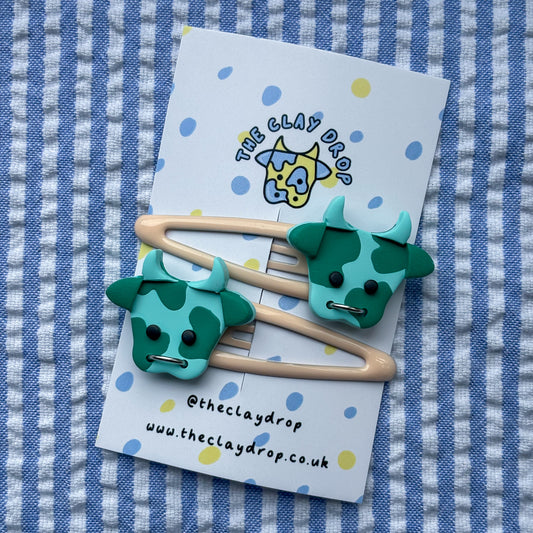 Teal & Cream Cow Hair Clips
