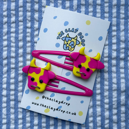 Hot Pink & Yellow Cow Hair Clips