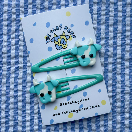 Mint & White Mini Cow Hair Clips
