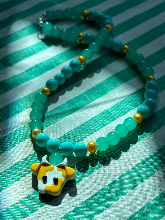 Teal + Gold Cow Necklace