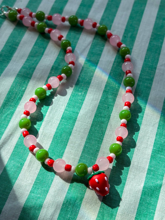 Pink + Green Strawberry Necklace