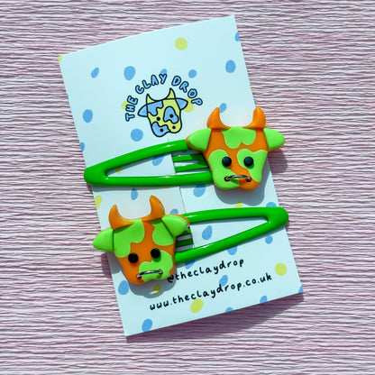 Green & Orange Cow Hair Clips