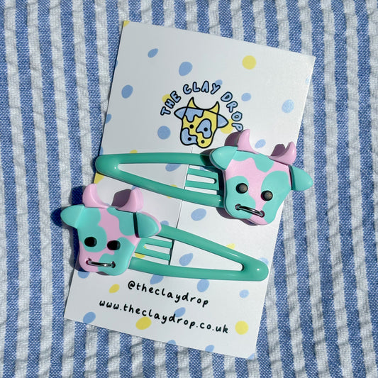 Pink & Mint Cow Hair Clips