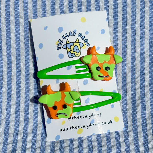 Green & Orange Cow Hair Clips