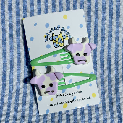 Lilac & Green Cow Hair Clips