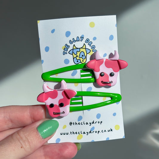 Pink & Green Cow Hair Clips