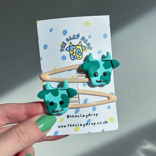 Teal & Cream Cow Hair Clips