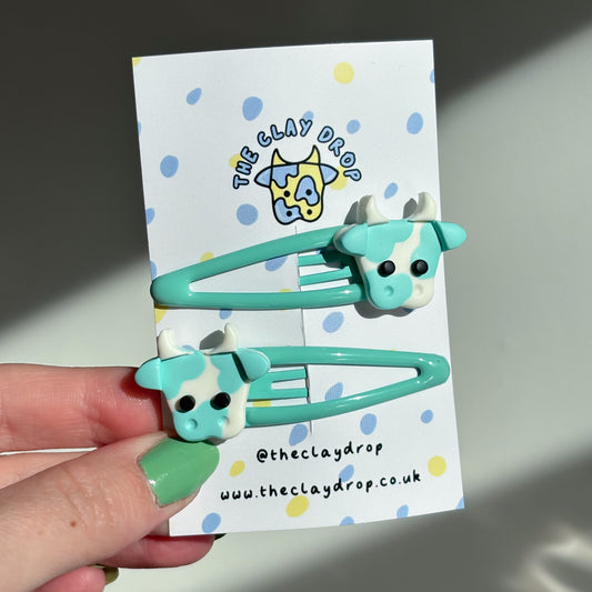 Mint & White Mini Cow Hair Clips