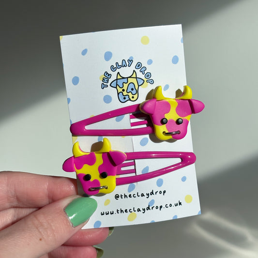 Hot Pink & Yellow Cow Hair Clips