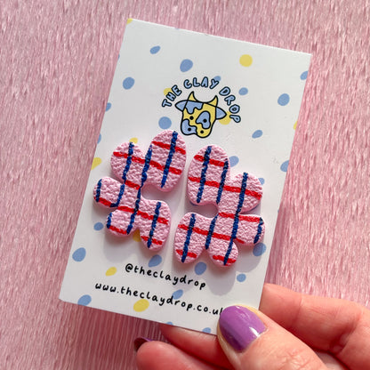 Half Organic Flower Studs - Pink, Red & Blue Check