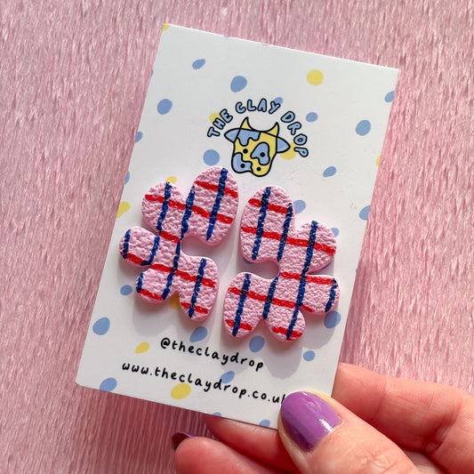 Half Organic Flower Studs - Pink, Red & Blue Check