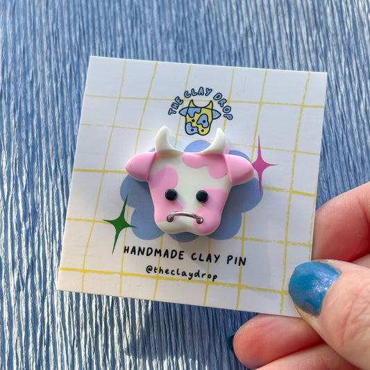 Cow Pin - Pink & White