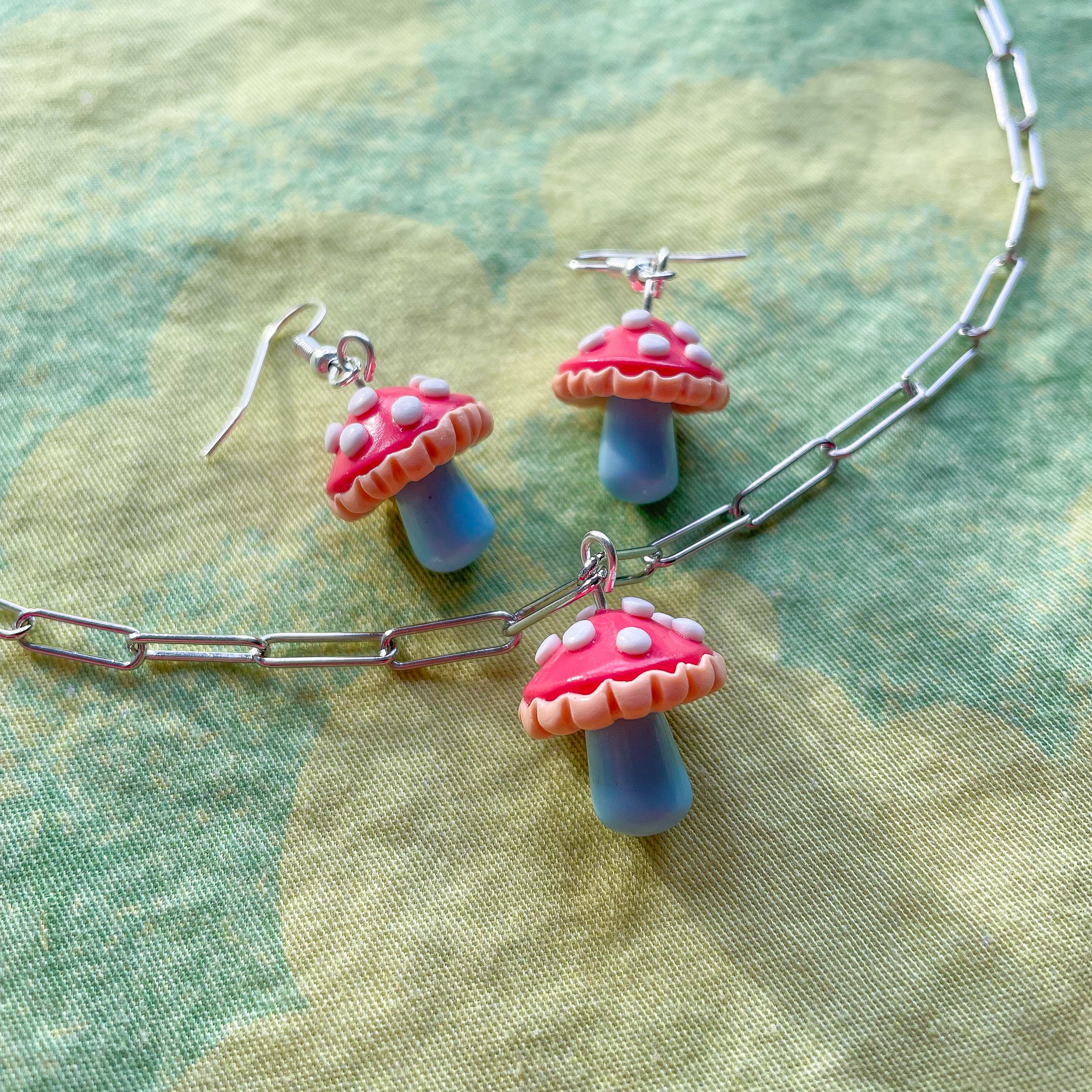 Blue Stem Mushrooms - Earrings and Necklace Combo