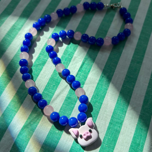 Blue + Pink Pig Necklace