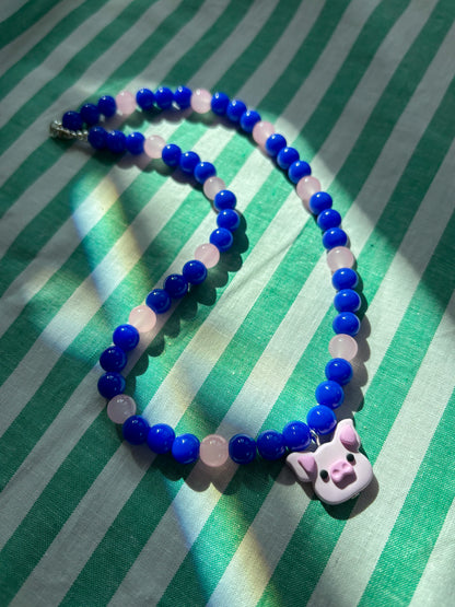 Blue + Pink Pig Necklace