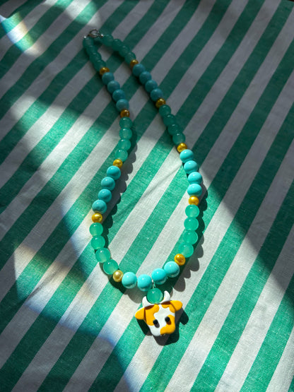Teal + Gold Cow Necklace