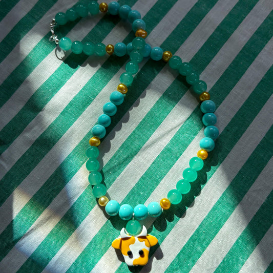 Teal + Gold Cow Necklace