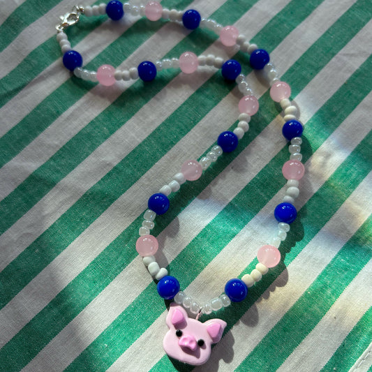 Blue, Pink + White Pig Necklace