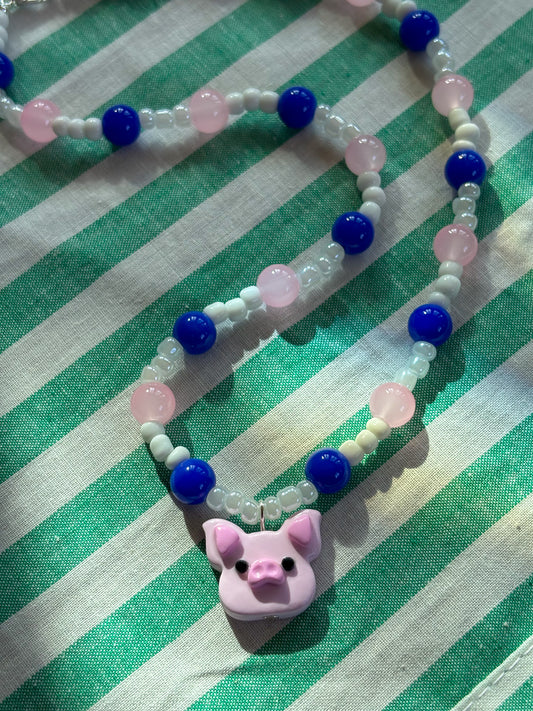 Blue, Pink + White Pig Necklace