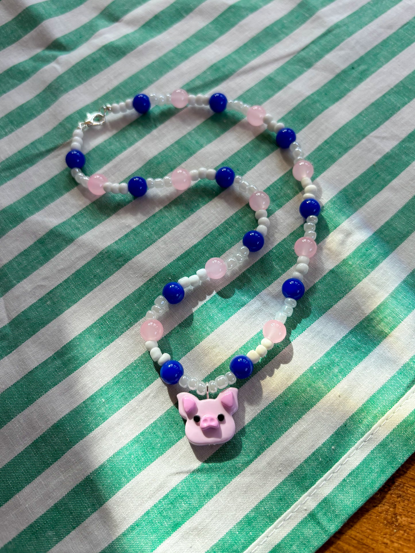 Blue, Pink + White Pig Necklace