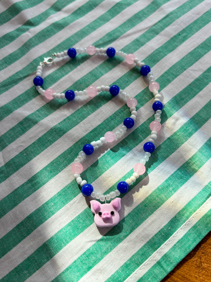 Blue, Pink + White Pig Necklace