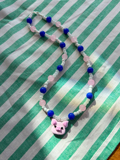 Blue, Pink + White Pig Necklace