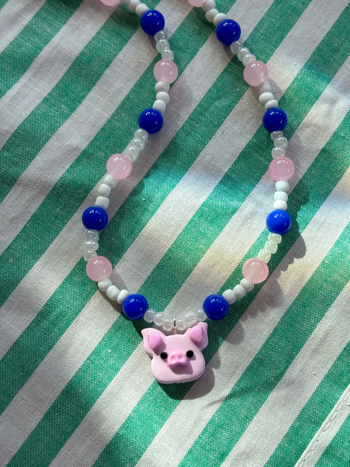 Blue, Pink + White Pig Necklace