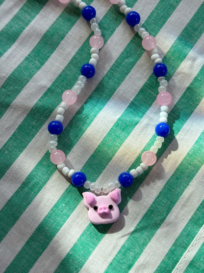 Blue, Pink + White Pig Necklace